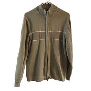 Eddie Bauer Men's Full Zip Olive Green Cotton Knit Mock Neck Sweater